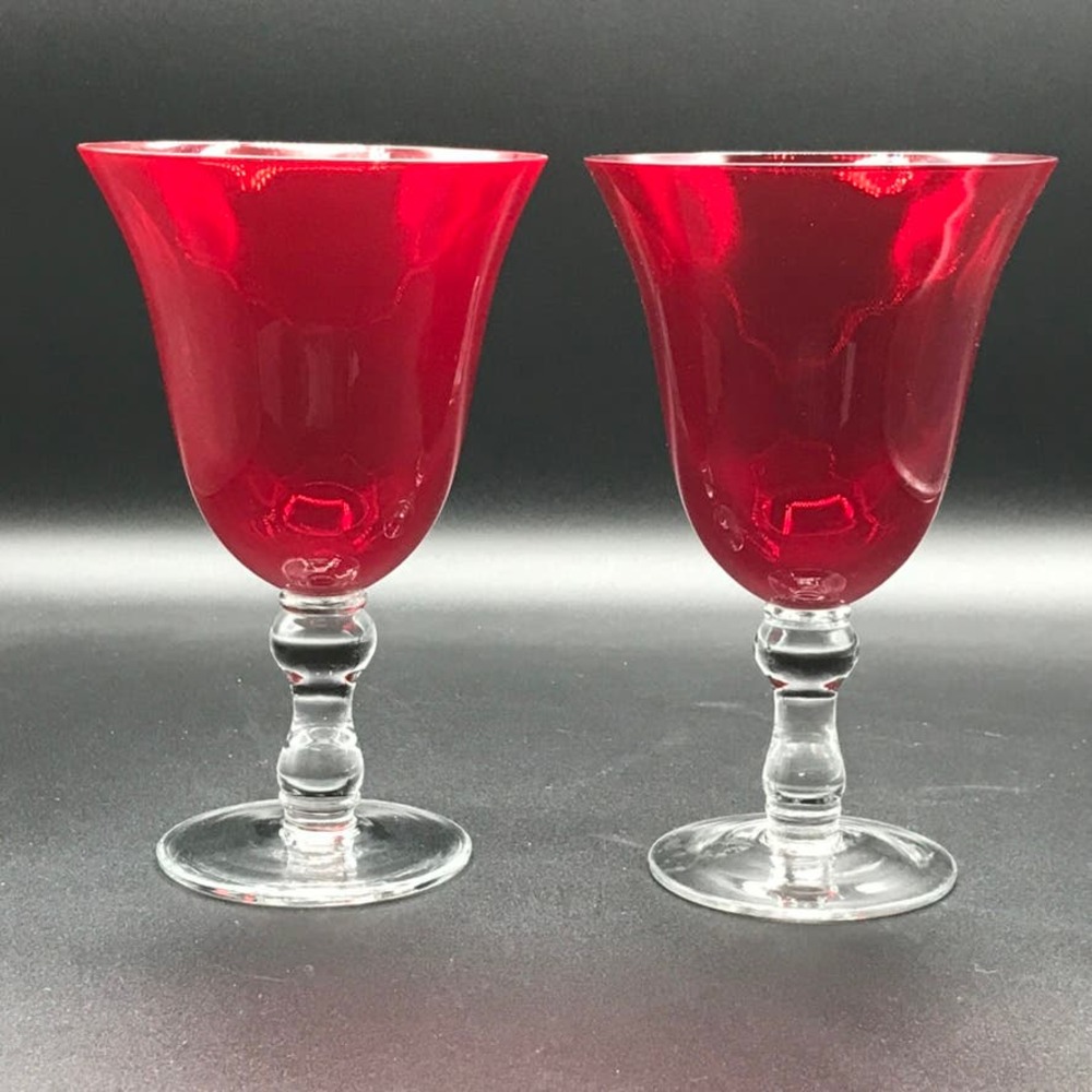 Vintage Artland Hand Blown Ruby Red Bell Shaped Glasses Set of 2 Clear Stem 7”